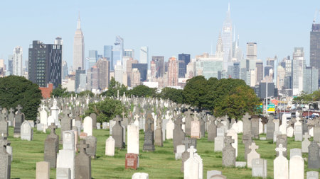 New York City, United States - 14 Sept 2023: Calvary cemetery in Queens, USA. Manhattan Midtown...