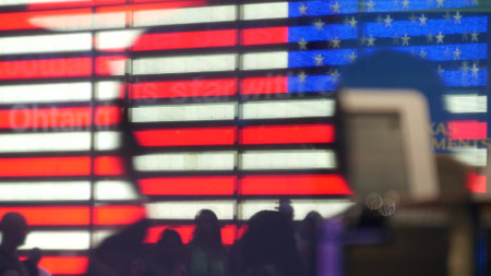 New York City, United States - 5 Sept 2023: Times Square, Manhattan Midtown Broadway street, USA. American flag, NYC urban life. Military island, army recruiting. People pedestrians silhouettes, crowdのeditorial素材