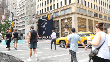 New York City, United States - 11 Sept 2023: Manhattan Midtown street, Fifth 5 avenue. Road traffic,...