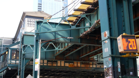 New York City, United States, 1 Sept 2023: Elevated subway, metropolitan bridge, metro track over...