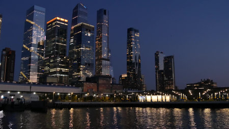 New York City, United States - 4 Sept 2023: Manhattan Midtown skyline from river ferry boat. Hudson...