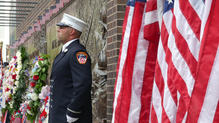 New York City, United States - 11 September 2023: Firefighters celebrate Patriot Day. Guard honoring...