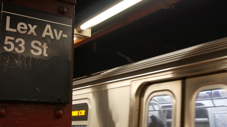 New York City, United States - 30 Aug 2023: Subway station, underground metropolitan platform sign....