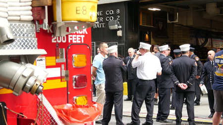 New York City, United States - 11 September 2023: Firefighters celebrate Patriot Day. 911 memorial...