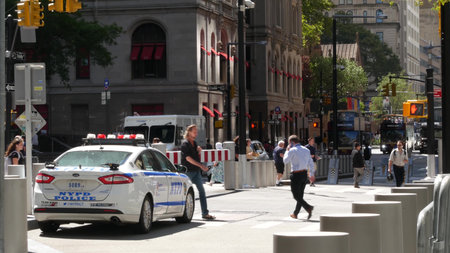 New York City, United States - 31 Aug 2023: Police patrol car, USA NYPD 911 vehicle, Manhattan...