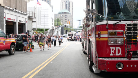 New York City, United States - 11 September 2023: Firefighters celebrate Patriot Day. 911 memorial...