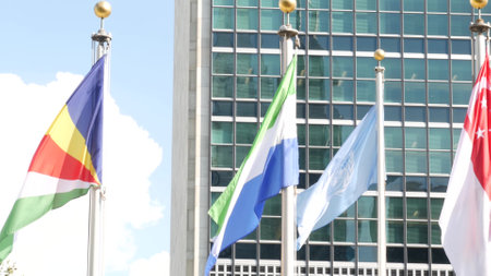 New York City, United States - 12 Sept 2023: United Nations UN Headquarters, Manhattan Midtown, USA....