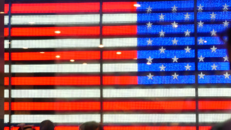 New York City, United States - 5 Sept 2023: Times Square, Manhattan Midtown Broadway street, USA. American flag, NYC urban life. Military island, army recruiting. People pedestrians silhouettes, crowdのeditorial素材