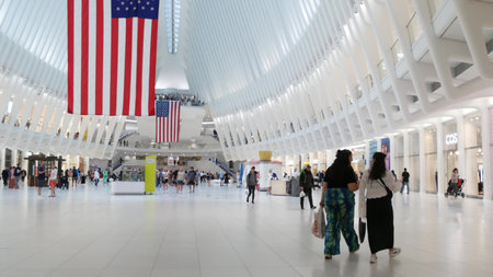 New York City, United States - 10 Sept 2023: World Trade Center Oculus transport hub architecture....