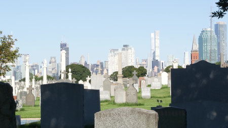 New York City, United States - 14 Sept 2023: Calvary cemetery in Queens, USA. Manhattan Midtown...