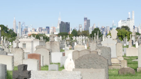 New York City, United States - 14 Sept 2023: Calvary cemetery in Queens, USA. Manhattan Midtown...