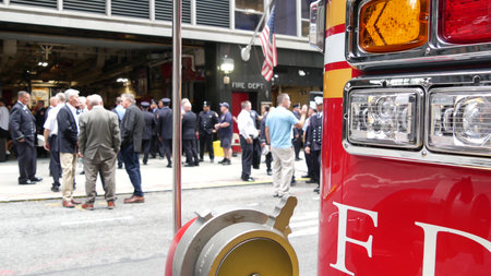 New York City, United States - 11 September 2023: Firefighters celebrate Patriot Day. 911 memorial...
