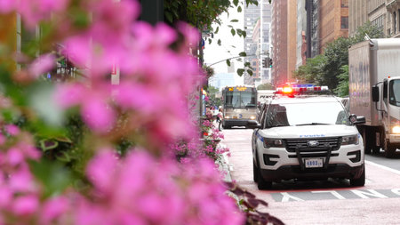 New York City, United States - 29 Aug 2023: Police patrol car, USA NYPD, 911 vehicle on Manhattan...