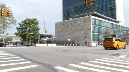 New York City, United States - 4 Sept 2023: United Nations UN Headquarters, Manhattan Midtown, USA....