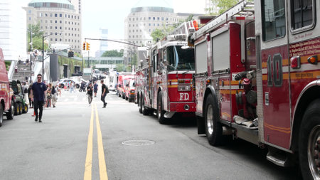 New York City, United States - 11 September 2023: Firefighters celebrate Patriot Day. 911 memorial remembrance event, FDNY commemorate anniversary. Fire Department Station, Manhattan 10 Ten Firehouse.のeditorial素材