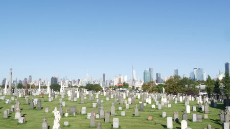 New York City, United States - 14 Sept 2023: Calvary cemetery in Queens, USA. Manhattan Midtown...