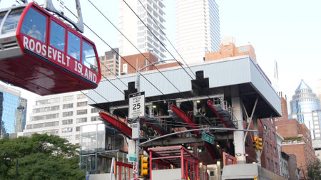 New York City, United States - 15 Sept 2023: Roosevelt Island tramway to Manhattan Midtown. American...
