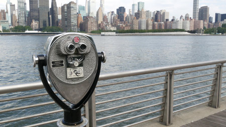New York City, United States - 4 Sept 2023: Waterfront skyline, Manhattan midtown buildings,...