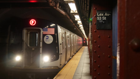 New York City, United States - 30 Aug 2023: Subway station, underground metropolitan platform sign....