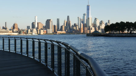 New York City Manhattan Downtown Financial District skyline, World Trade Center tower from New...