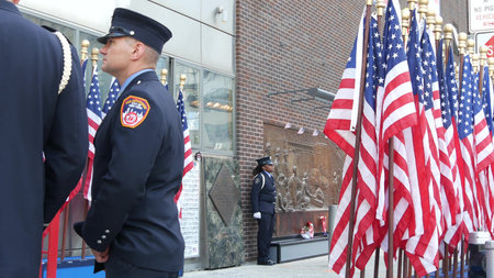 New York City, United States - 11 September 2024: Firefighter officers on remembrance ceremony,...