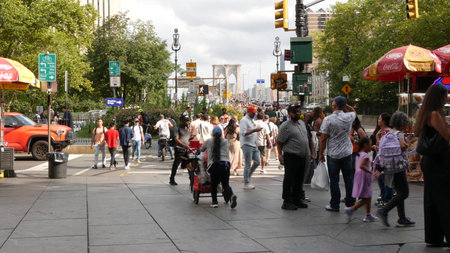 New York City, United States - 7 Sept 2024: Brooklyn bridge from Lower Manhattan Downtown. Many...