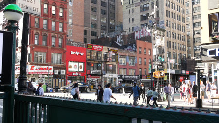 New York City, United States - 8 Sept 2024: Port Authority subway entrance, 42 street. American...