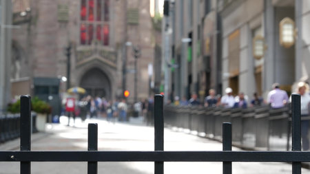 Broadway in Manhattan Downtown Financial District, Trinity Church on Wall street, New York City,...