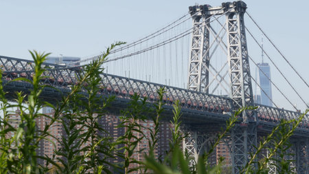 Williamsburg Bridge in Brooklyn, New York City, United States. Transport metallic bridge near Marcy...