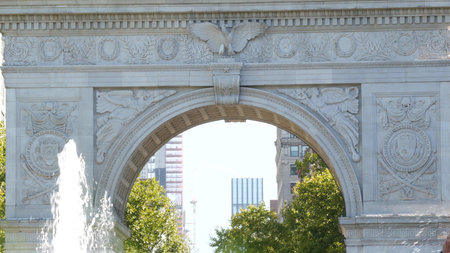 New York City Manhattan Washington Square Park arch, United States. Marble historic monument...