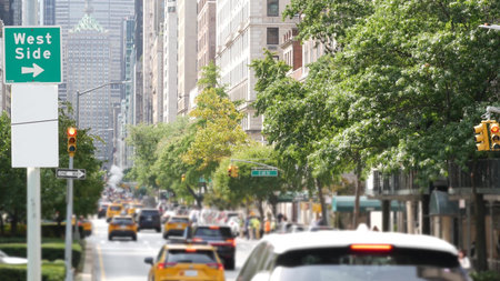 Manhattan Midtown East straight street, Park avenue New York City Turtle bay, United States. Yellow...