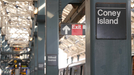 New York City Brooklyn subway outdoor station platform, Coney island elevated metro, Brighton Beach,...