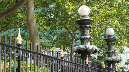 New York City globe lamp in Bryant park near Public Library on 42 street, United States. Summer...