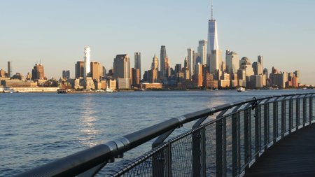 New York City Manhattan Downtown Financial District skyline, World Trade Center tower from New...