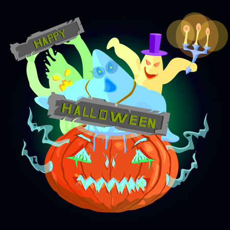 Vector image of a pumpkin with ghosts and a happy halloween inscription