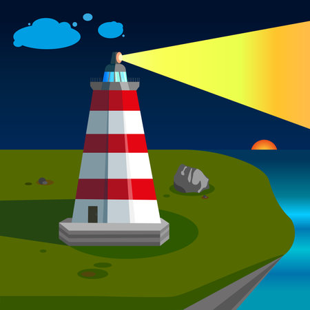 Seascape with a lighthouse is a peaceful and pleasant backgroundのイラスト素材