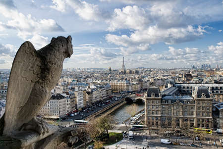 Gargoyle looking at Paris.In architecture, a gargoyle is a carved stone grotesque with a spout...