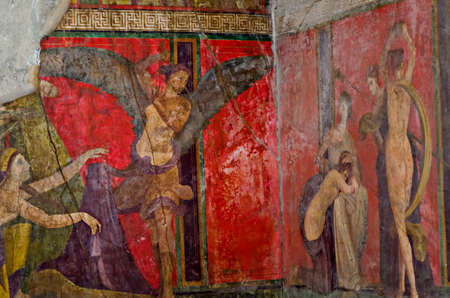 Dionysiac frieze Villa of the Mysteries before 79 C.E. The fresco is thought to represent a ritual of the Eastern mystery cult of Dionysus the Greek god of wine.Pompeii is a ruined and partially buried Roman towncity near modern Naples in the Italian regiのeditorial素材