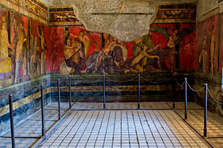 Dionysiac frieze Villa of the Mysteries before 79 C.E. The fresco is thought to represent a ritual of the Eastern mystery cult of Dionysus the Greek god of wine.Pompeii is a ruined and partially buried Roman towncity near modern Naples in the Italian regiのeditorial素材