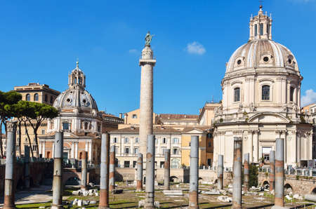 Trajan's Forum (Forum Traiani) with Trajan's Column and Santa Maria di Loreto church on background.の写真素材
