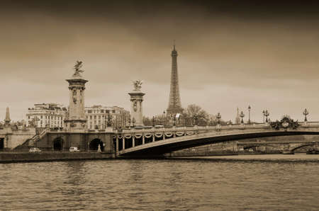 Eiffel Tower and Pont Alexandre III over the Seine in Paris, Franceの写真素材