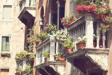 Balcony with colorful flowersの写真素材