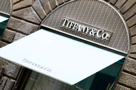 Florence, Italy - June 28, 2014: Tiffany jewelery store sign in the heart of the city of Florenceのeditorial素材