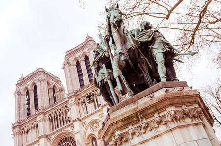 Equestrian statue of Charlemagne in Notre Dame cathedral Paris Franceの写真素材