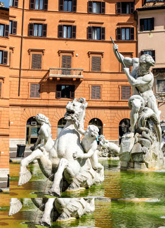 Detail of the Fountain of Neptune at the northern end of the historic Piazza Navona in Rome, Italyのeditorial素材