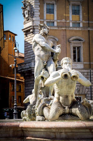 northward view of the Piazza Navona with the (Fontana del Moro) the Moor fountain in Rome, Italyの写真素材