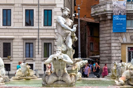 Rome, Italy - June 29, 2016: northward view of the Piazza Navona with the Fountain of the Moor, detail of fountain statues of moorのeditorial素材