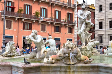 Rome, Italy - June 29, 2016: northward view of the Piazza Navona with the Fountain of the Moor, detail of fountain statues of moorのeditorial素材