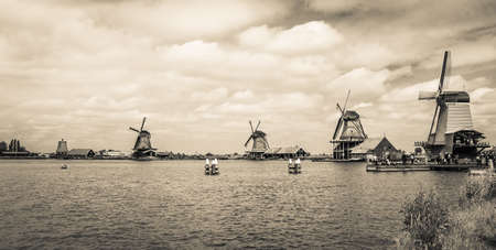 Windmills in Zaanse Schans. Netherlands in black and whiteの写真素材