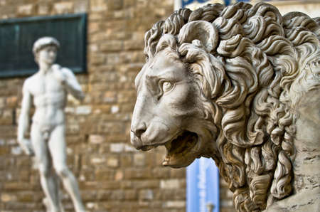 Statue of a lion at the Loggia dei Lanzi in Piazza della Signoria in Florenceの写真素材